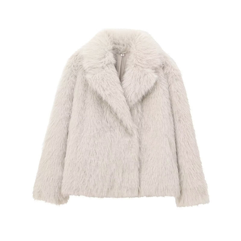 Women's Solid Color Fashionable Temperament Lapel Faux Fur Jacket