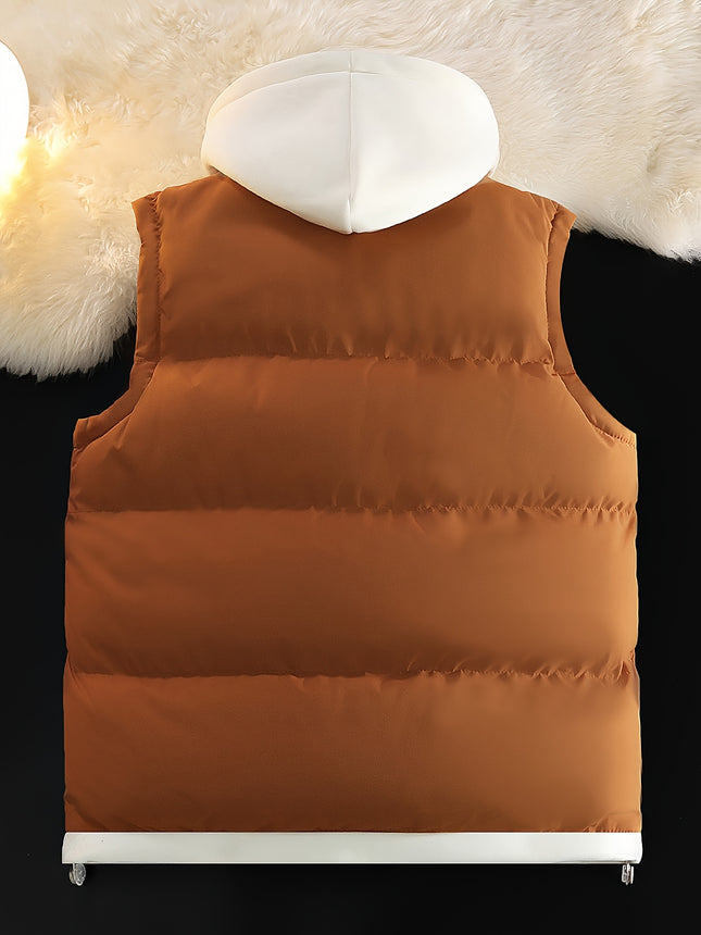 Men's Winter Padded Hooded Vest With Pockets Zip Up Thick