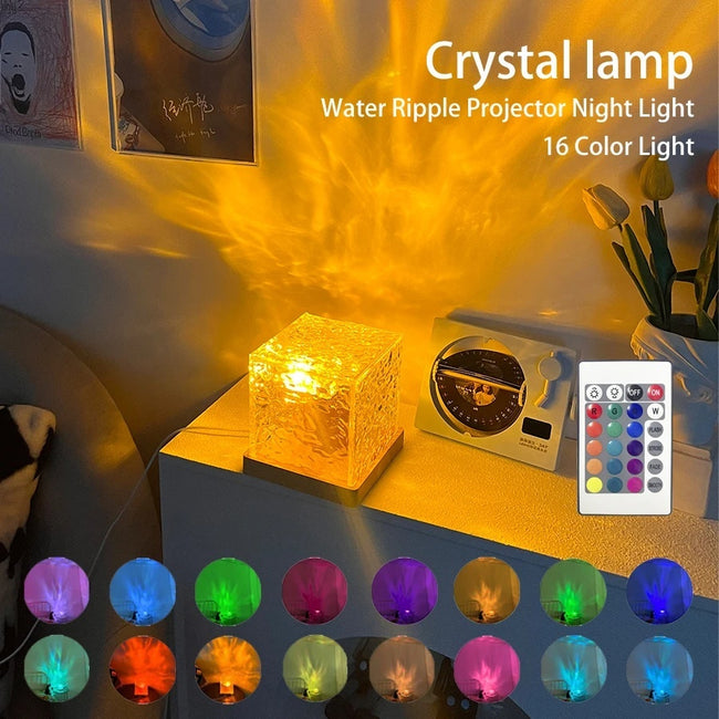 LED Water Ripple Ambient Night Light USB Rotating Projection Crystal Table Lamp RGB Dimmable Home Decoration 16 Color Gifts Hover Image