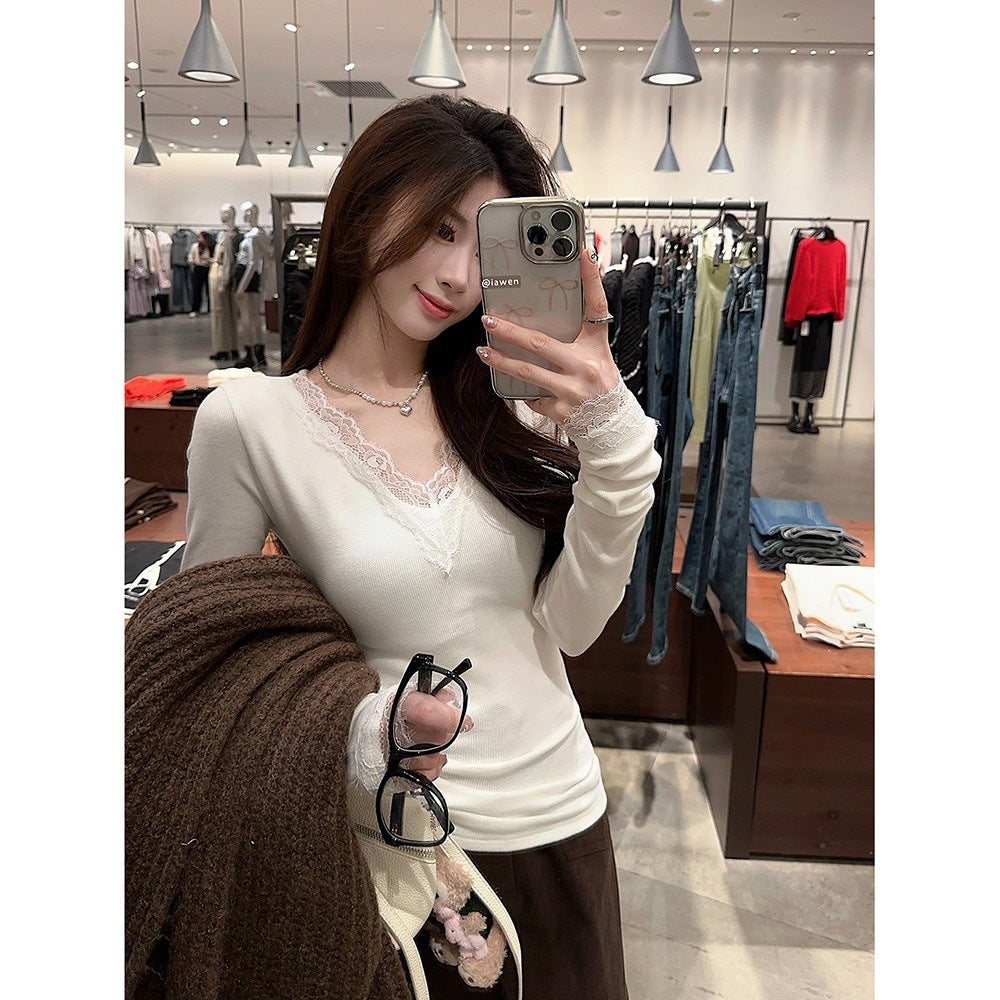 V-neck Dralon Lace Stitching Brushed Long Sleeve