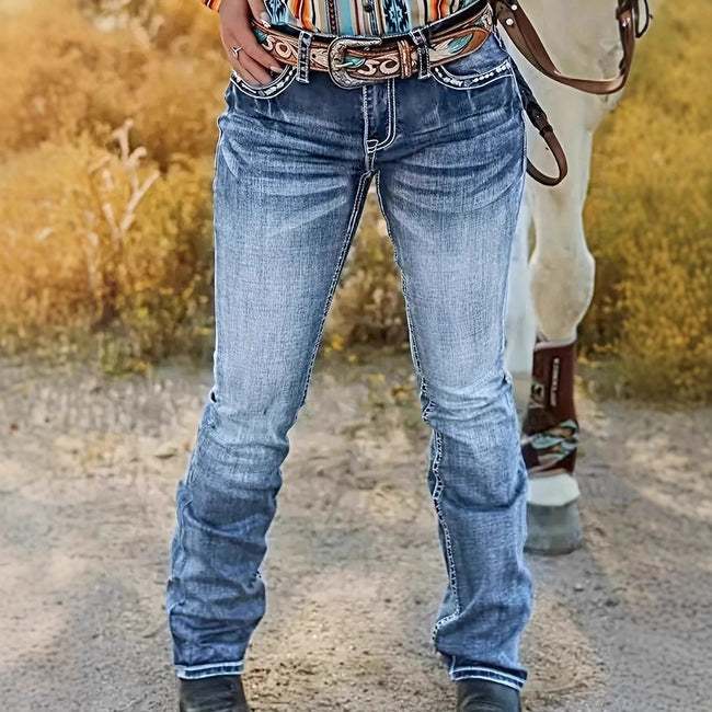 Hatchet Man Embroidery Women's High Waist Stretch Heavy Industry Washed Denim Straight-leg Trousers Hover Image