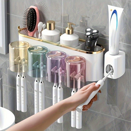 Toothpaste Squeezer Wall Mount Toothbrush Rack Mug Holder