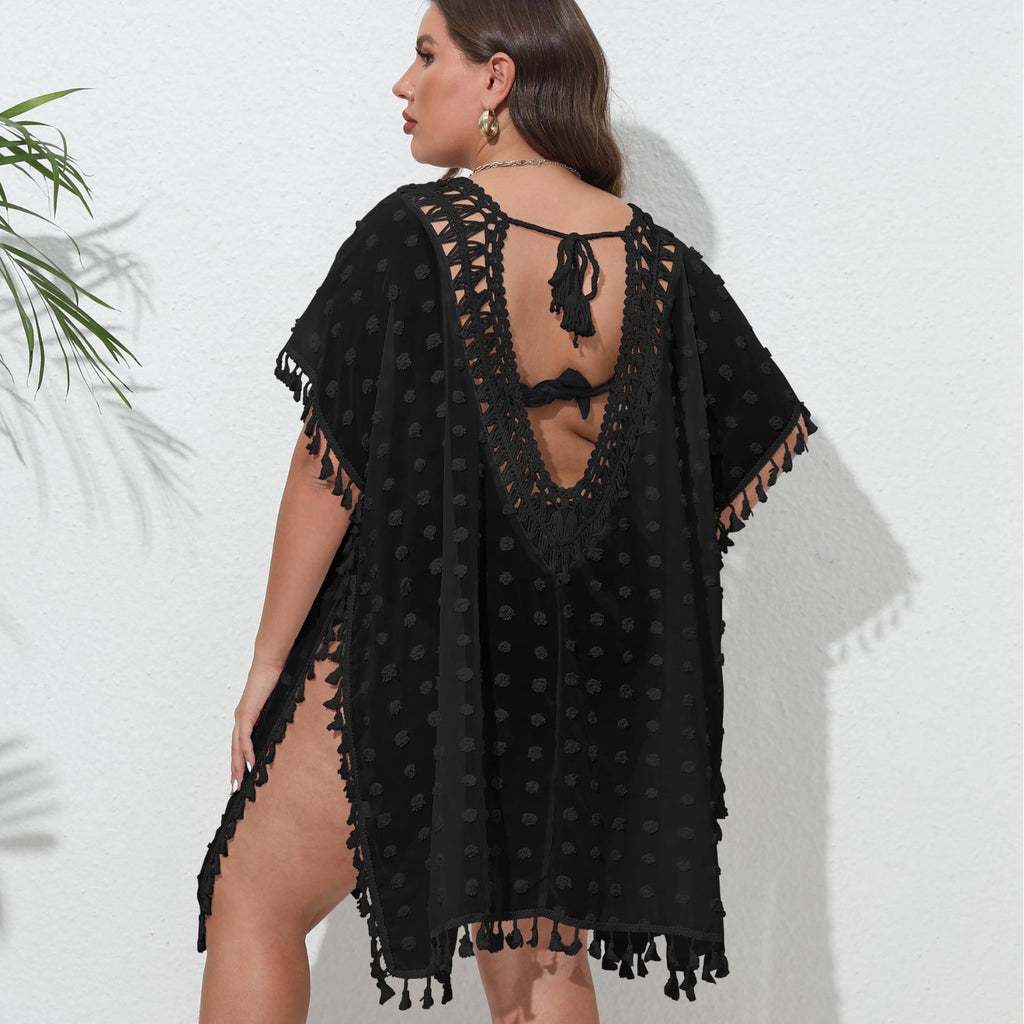 Three-dimensional Chiffon Sexy See-through Tassel V-neck Patchwork Beach Dress