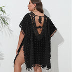 Three-dimensional Chiffon Sexy See-through Tassel V-neck Patchwork Beach Dress