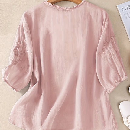 Womens Embroidered Loose Fit Retro Mid Sleeve Blouse Top