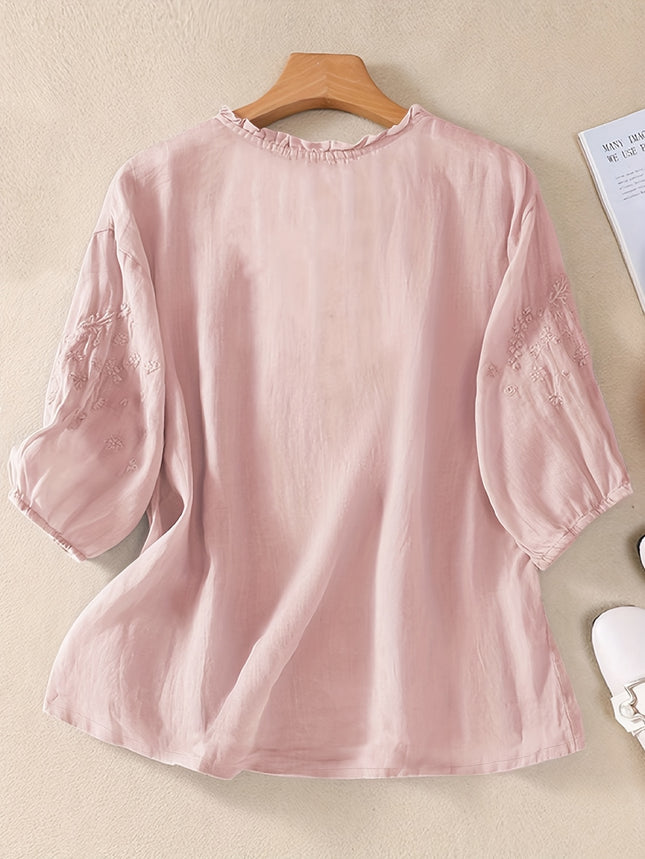 Womens Embroidered Loose Fit Retro Mid Sleeve Blouse Top