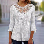 2023 Summer New Comfortable Leisure Hollow Out Perspective Lace Splicing Seven Quarter Sleeve Top