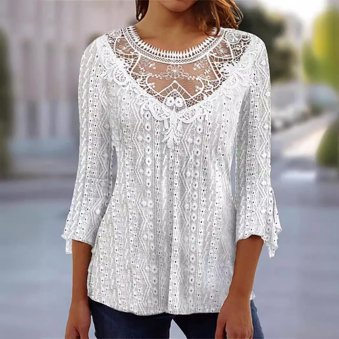 2023 Summer New Comfortable Leisure Hollow Out Perspective Lace Splicing Seven Quarter Sleeve Top