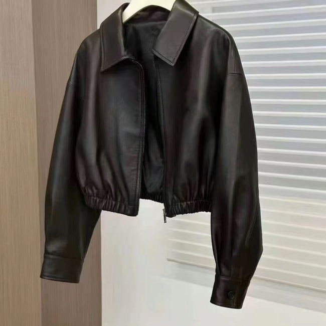 Black Soft Leather Spring And Autumn Coat Woman Square-neck Zip Leather Jacket Hover Image