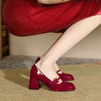 Chunky Heel Round Toe Wedding Temperament Red Mary Jane Shoes