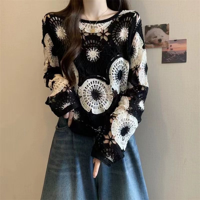 Hollow Crocheted Round Neck Long Sleeve Knitted Sweater