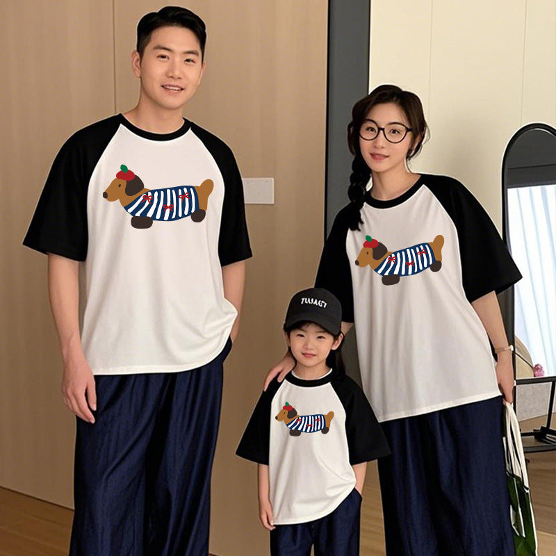 Dog Western Style Mother-daughter Matching Outfit Cotton Short Sleeve Contrast Color Korean Style