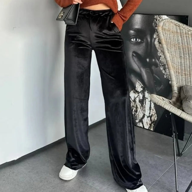 Black Shiny Velvet Drawstring High Waist Straight Leg Casual Pants Hover Image