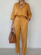 New Elegant Solid Color Polo Collar Linen Shirt And Two-piece Pants
