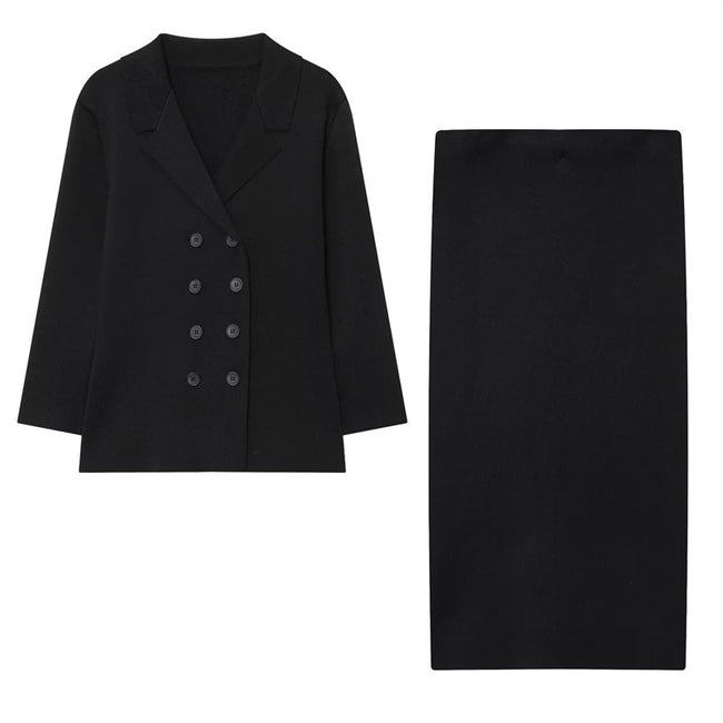 Temperament Female Knitted Double-breasted Coat Midi Skirt Hover Image