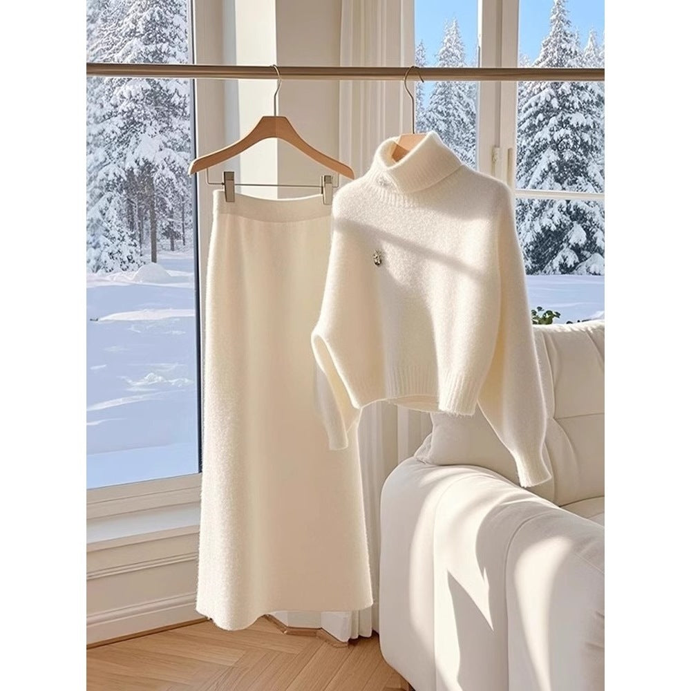 High-grade White Temperament Thick Sweater Skirt Suit