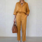 New Elegant Solid Color Polo Collar Linen Shirt And Two-piece Pants