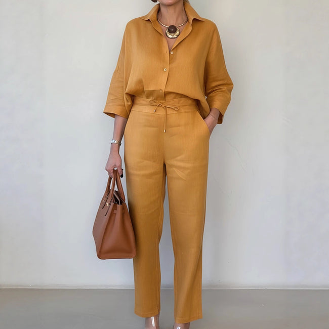 New Elegant Solid Color Polo Collar Linen Shirt And Two-piece Pants Main Image