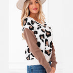 Fashionable Leopard Print Printed V-neck Knitted Sweater
