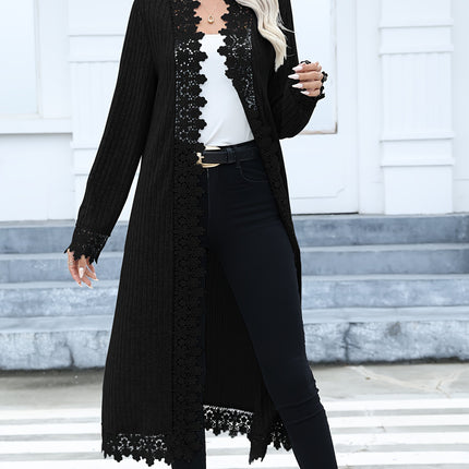 Women Elegant Lace Trim Cardigan Round Neck Long Sleeve