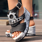 Newspaper Buckle Denim Wedge Slides - Anklet Not Included