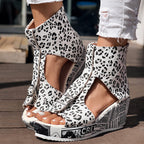 Round Toe Fish Mouth Leopard Print Casual High Heel Wedge Shoes - Anklet Not Included