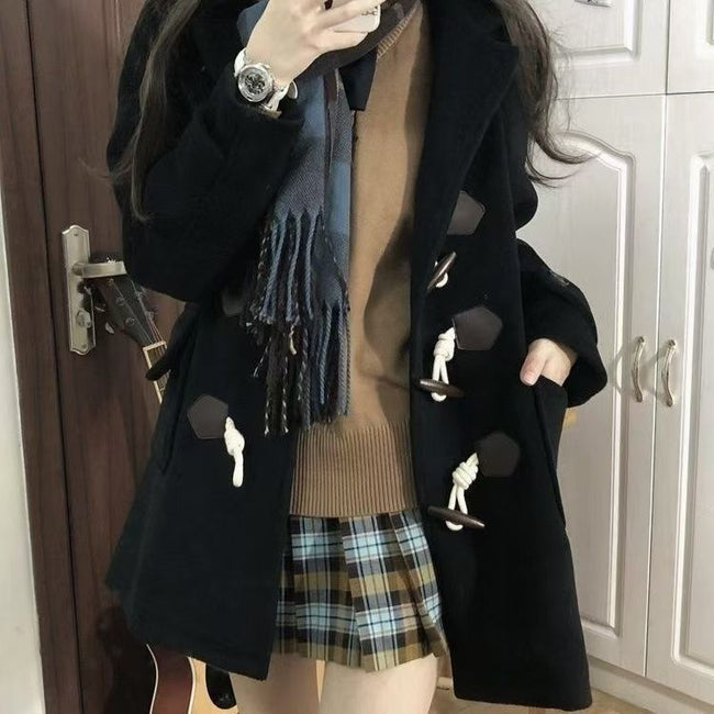 Japanese Jk Hooded Horn Button Woolen Coat Hover Image