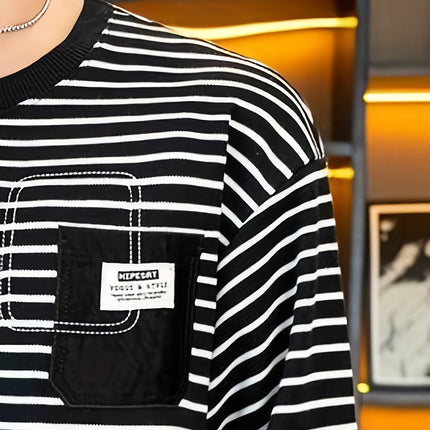 Mens Casual Striped Crew Neck Sweatshirt Embroidered Chest