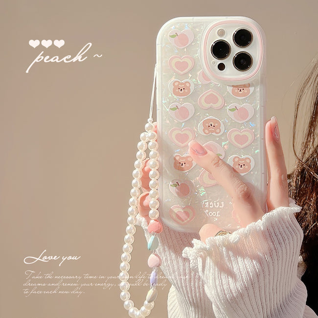 Peach Love Bear Pearl Chain Phone Case Hover Image