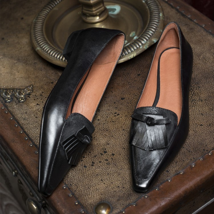 Cowhide Retro Women's Low Heel Low-cut Thick Heel Flat Loafers