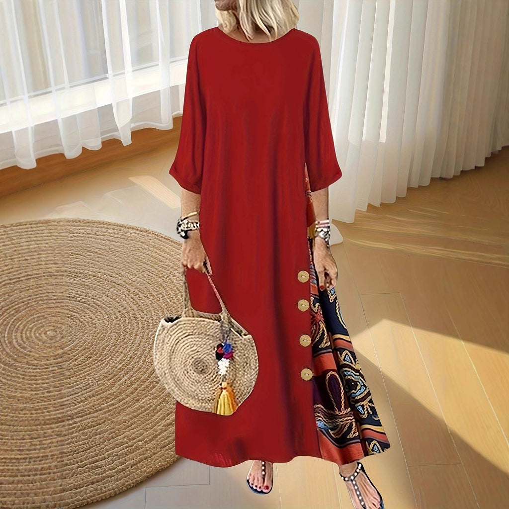 Floral Print Contrast Color Button 34 Sleeve Round Neck Dress