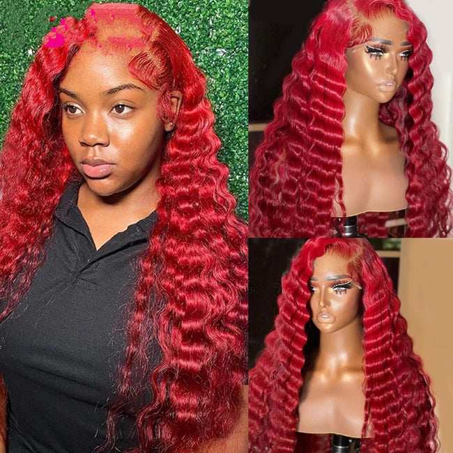 Red Deep Wave Human Hair Wig Real Headgear Hover Image