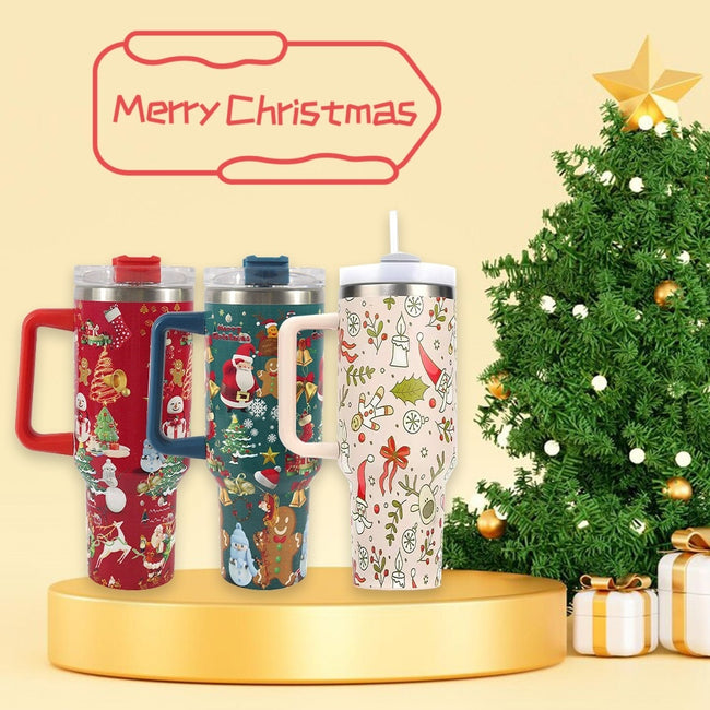 New Christmas Pattern Mug With Handle Lid Straw Drinkware Stainless Steel Vacuum Tumbler Large Capacity Car Travel Coffee Cup Hover Image