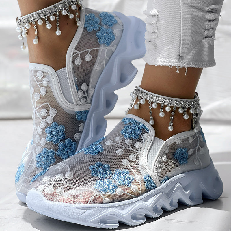 Contrast Glitter Transparent Mesh Patch Breathable Sneakers - Without Ankle Strap
