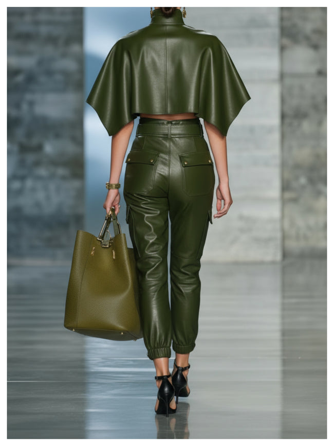 Olive Green Faux Leather Crop Top & High-Waist Belted Pants Set Main Image