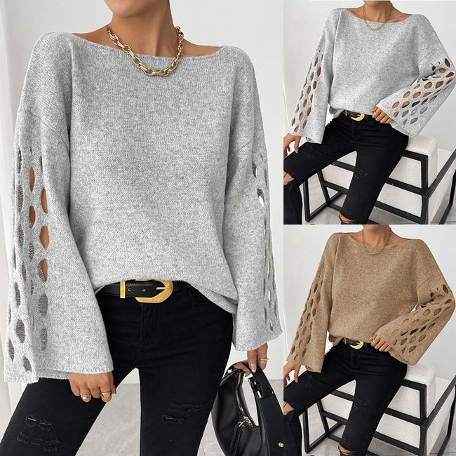 Women's Solid Color Round Neck Long Sleeve Hollow Sweater Hover Image