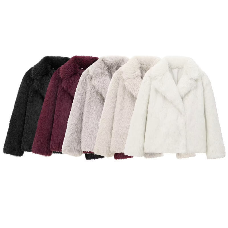 Women's Solid Color Fashionable Temperament Lapel Faux Fur Jacket