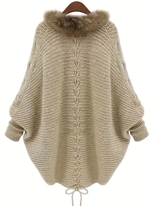 Womens Cozy Cardigan V Neck With Faux Fur Collar Beige