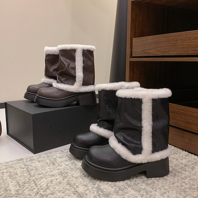 Women's Winter Faux Fur Lined Short Boots, Fashion Thick Bottom Ankle Booties With Warm Plush Trim For Casual Daily Wear Hover Image