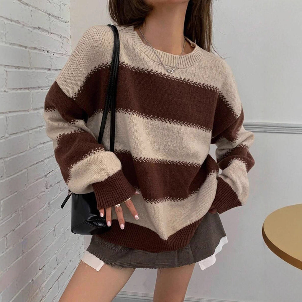 Idle Style Striped Contrast Color Autumn Round Neck Pullover Dinified Sweater