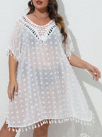 Three-dimensional Chiffon Sexy See-through Tassel V-neck Patchwork Beach Dress