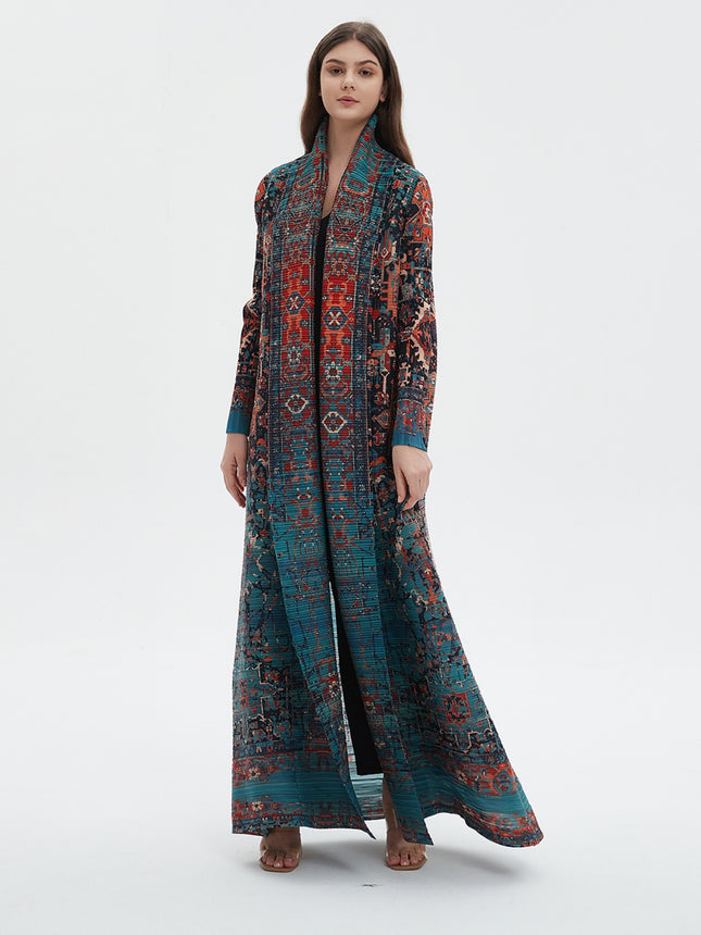 Miyake 2025 Women Long Abaya Robe Geometric Print Multicolor