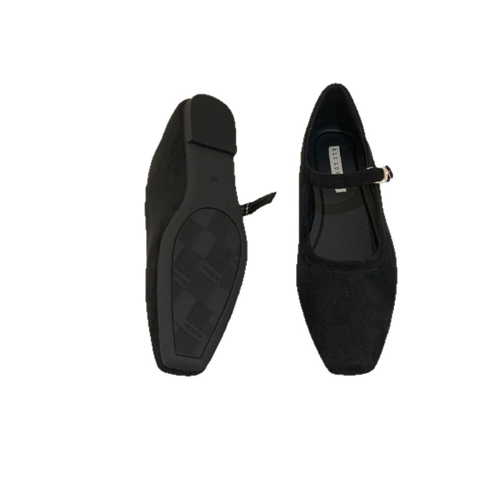 Vintage Suede Black Leather Flat Shoes Women's Buckle Comfortable Soft Bottom