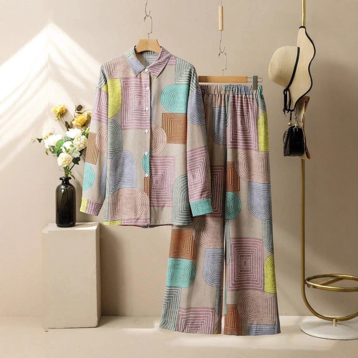 Printed Long Sleeve Trousers Suit