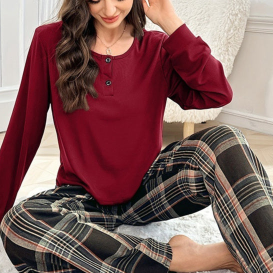 Plaid Pants Thread Top Button Pullover Set Hover Image