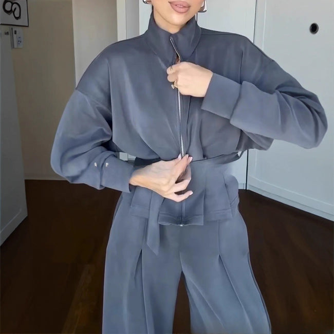 Casual Style Simple Fashion Graceful Stand Collar Zipper Jacket Pants Suit Main Image