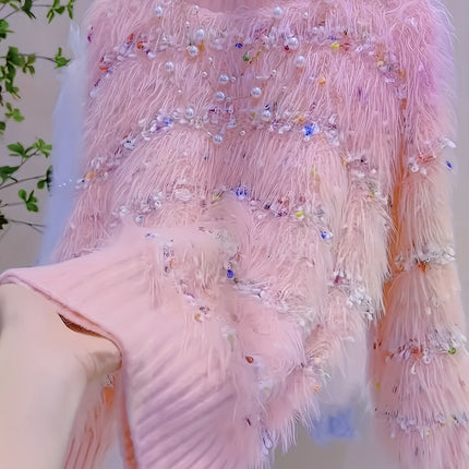 Petite Color Block Tassel Sweater Round Neck Long Sleeve