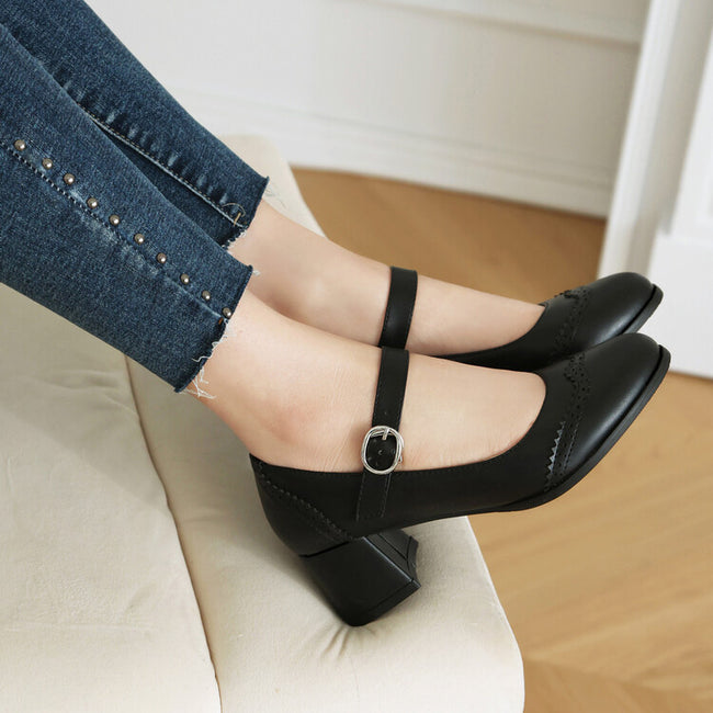 Preppy Style Round Toe Buckle Mid Heel Plus Size Women's Shoes Hover Image