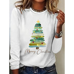 Women's Long Sleeve Merry Christmas T-Shirt, Cute Christmas Tree Graphic Tee, Funny Holiday Party Top