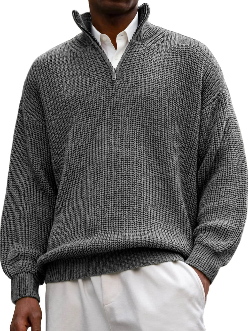 Fashion Men's Sweater Casual Long Sleeve Half Zipped Stand Collar Polo Shirt